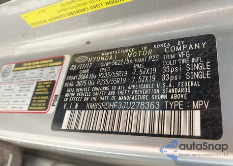 2018 Hyundai Santa Fe Se Ultimate from USA, damaged, VIN KM8SRDHF3JU278363